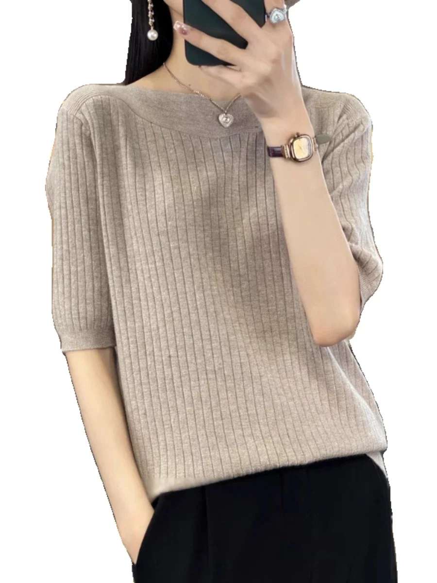 Women Sweater Spring Autumn Warm Bottiming Shirts Korean Fashion Slash Neck Half Sleeve Pullovers Slim Fit Casual Warm Knitwears