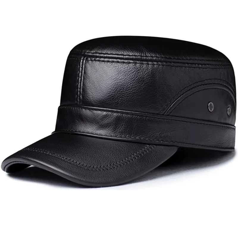 New Winter Men Genuine Leather Military Hat Ceiling Earmuffs Flat Hat Male Keep Warm Leisure 55-60 cm Adjustable Cow Skin