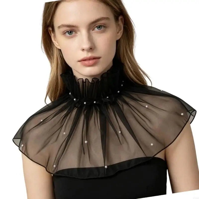 Black Sheer Faux Collar with Ruffle Overlay, Detachable Collar Mesh Neck Accent for Daily Layering, Party Styling, Photo Looks