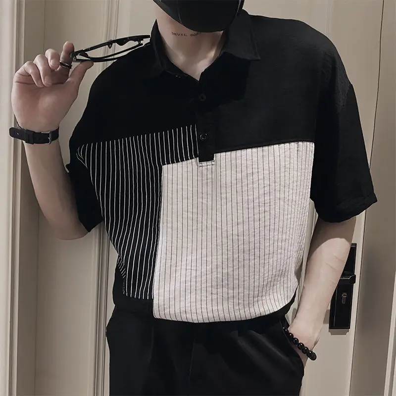 Fashion Lapel Button Spliced Asymmetrical Striped Polo Shirts Men\'s Clothing 2024 Spring New Loose Korean Tops Casual Tee Shirt