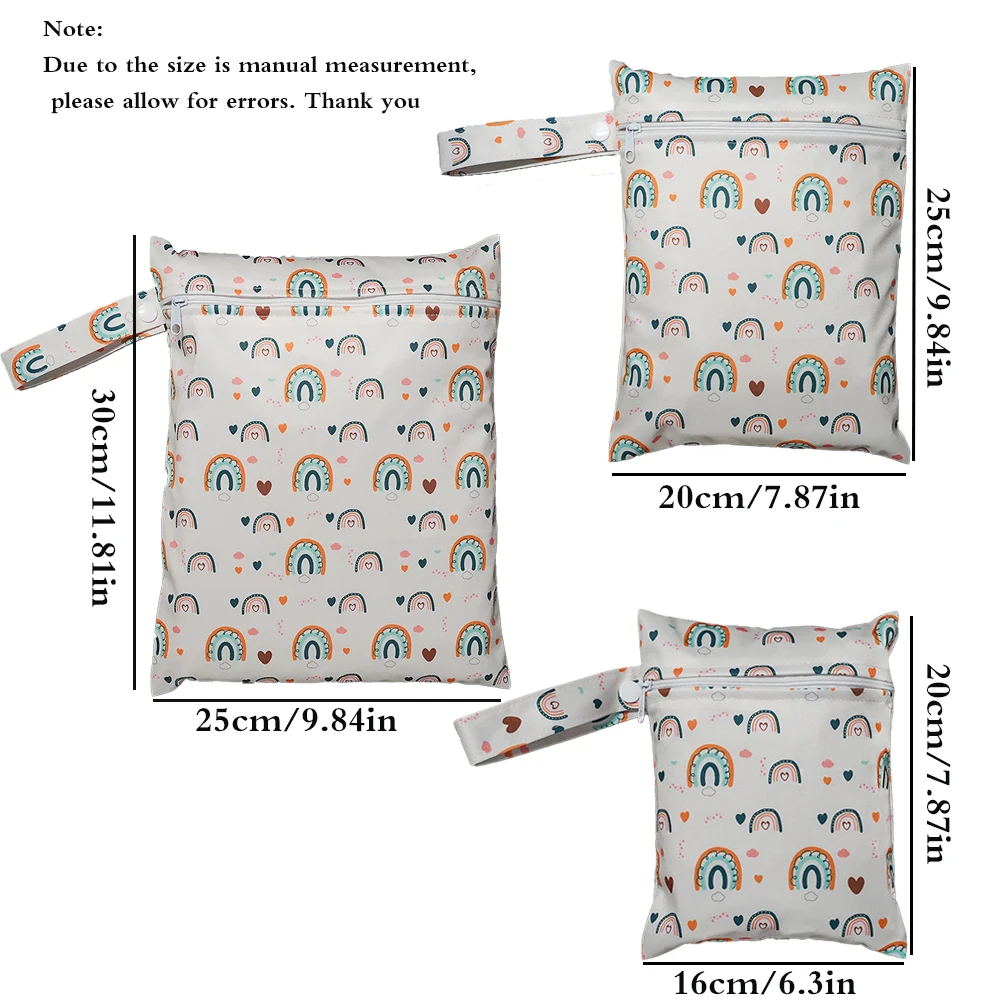 3pcs Waterproof Diaper Bags Bear Fox Rainbow Print Washable Menstrual Pouch Portable Handle Bags Swimsuits Wet Bag for Travel