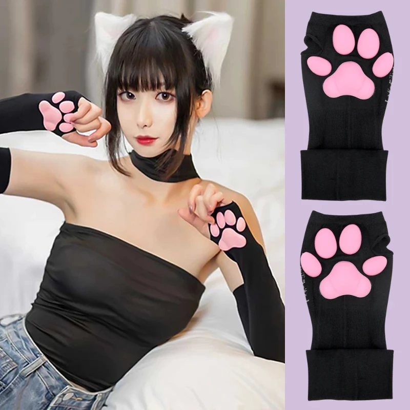 2024 Cute 3D Silicone Pink Cat Claw Paw Pads Soft Fingerless Fluffy Sun Protection Cool Sleeves Cute Gloves Long Tube for Women