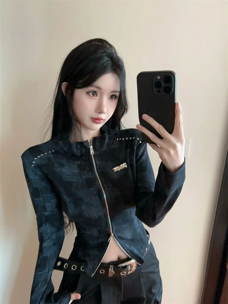 Real shot 2025 Women's American Y2K Vintage Streetwear Tie - dye Chic Zipper Cardigan, Stand Collar, Edgy Rivets Patch, Slim Cro