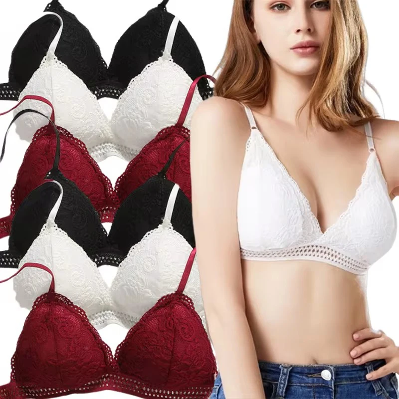 Embroidery Hollow Bra Women Sexy Lace Floral Lift Up Underwear Seamless Soft Comfortable Thin Shoulder Strap Bralette Lingerie