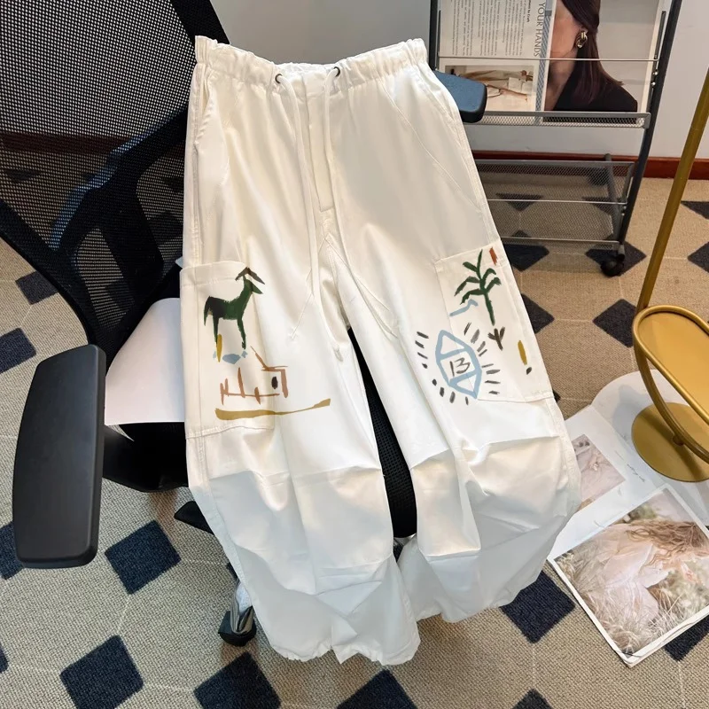 레트로 일본 스타일 와이드 레그 워크웨어 팬츠 남녀공용 여름 미국 스타일 프린트 캐주얼 팬츠