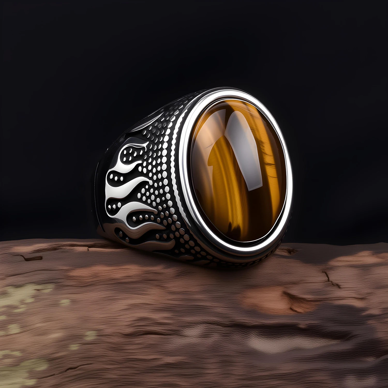 Vintage Punk Flame Carved Stainless Steel Signet Ring Natural Oval Tiger Eye Gem Male Fashion Band