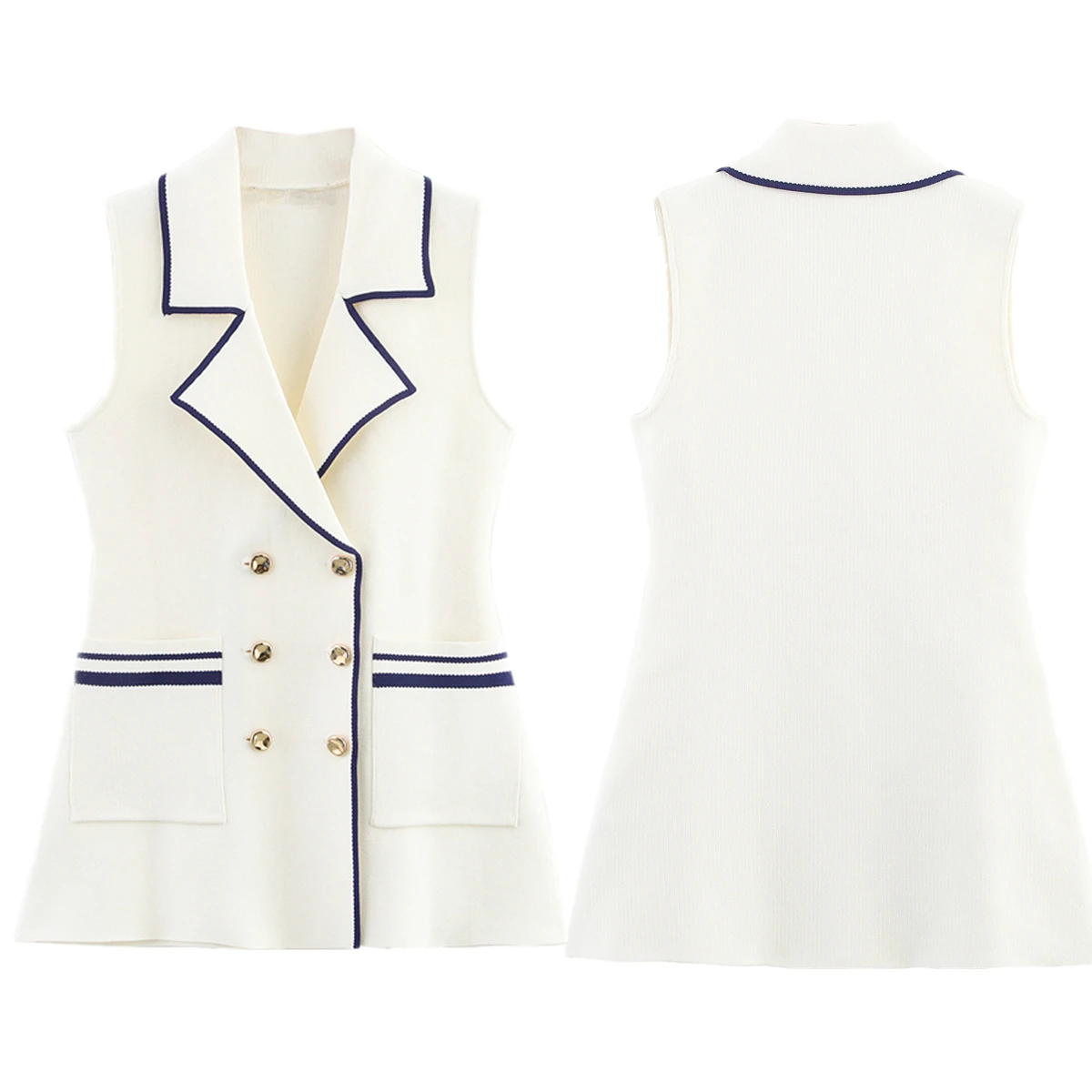 

Dave&Di Minimalist Fashion Office Ladies Contrast Color Knitted Suit Dress Sleeveless Long Vest Jacket Women Tops