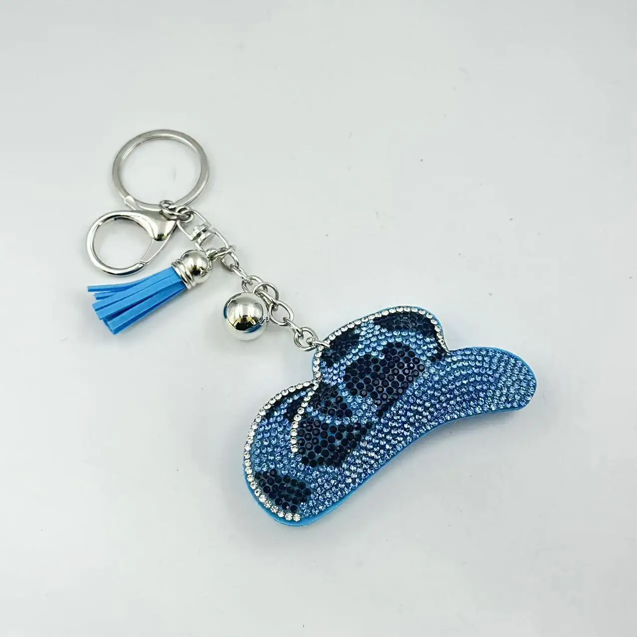 Bling Rhinestone Cowboy Hat Keychain Leopard Print Tassel Bell Key Ring Women Handbag Charm Pendant Car Key Holder Girls Gift