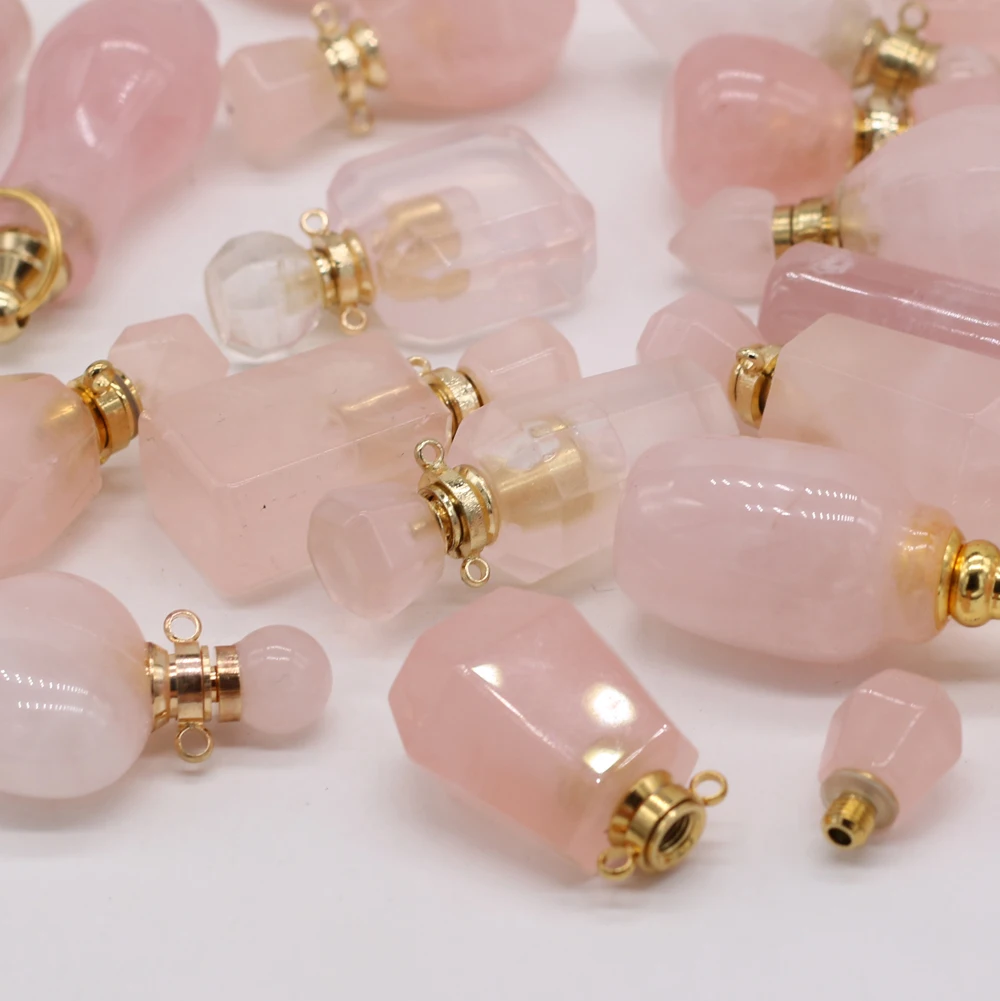 Natural Rose Quartz Perfume Bottle Pendant Gemstone Essential Oil Vial Charm for DIY Necklace Jewelry Making Supplies Accessory