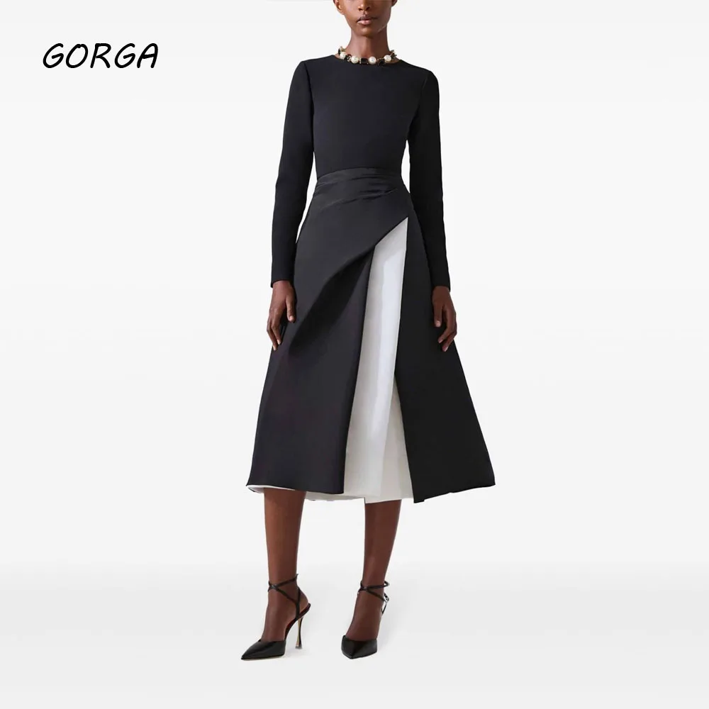 

GORGA Customized Simple Black and White Tea-Length Crepe Evening Dress O-Neck Prom Dress Long Sleeve 2025 A-Line Party Dress