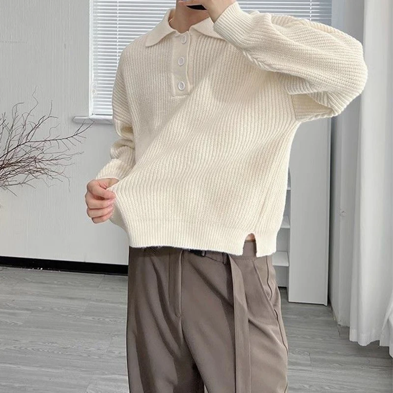 Vintage Polo Collar Sweaters Men Autumn Long Sleeve Button Lapel Knitted Jumper Tops Mens Winter Outdoor Fashion Knit Pullovers