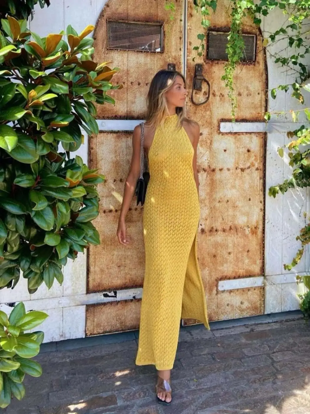 Casual Color Hanging Neck Backless Beach Dress Vacation Simple Women Summer Long Dress Thin Hollow Out Slit Knit Dresses 2023