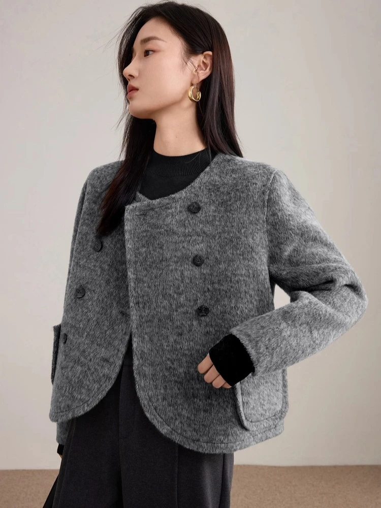 

SENTUBILA женские двусторонние шерстяные куртки 2025 с круглым вырезом и длинными рукавами, короткие шерстяные пальто, однотонная прямая верхняя одежда W54OG2668