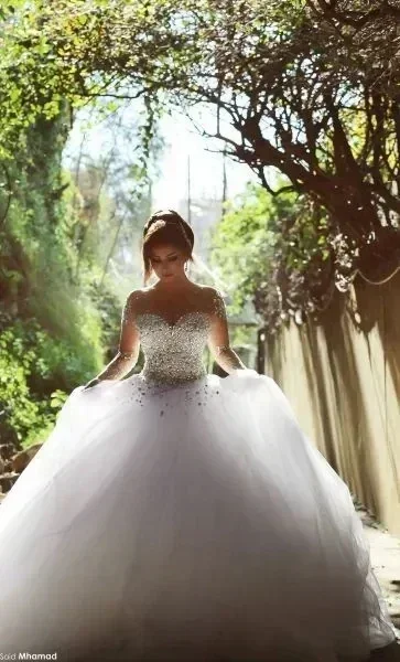 Customized Said Mhamad Ball Gown 2025 After Reception Sheer Sleeves With Crystals Sweet Party Bridal Wedding Dresses