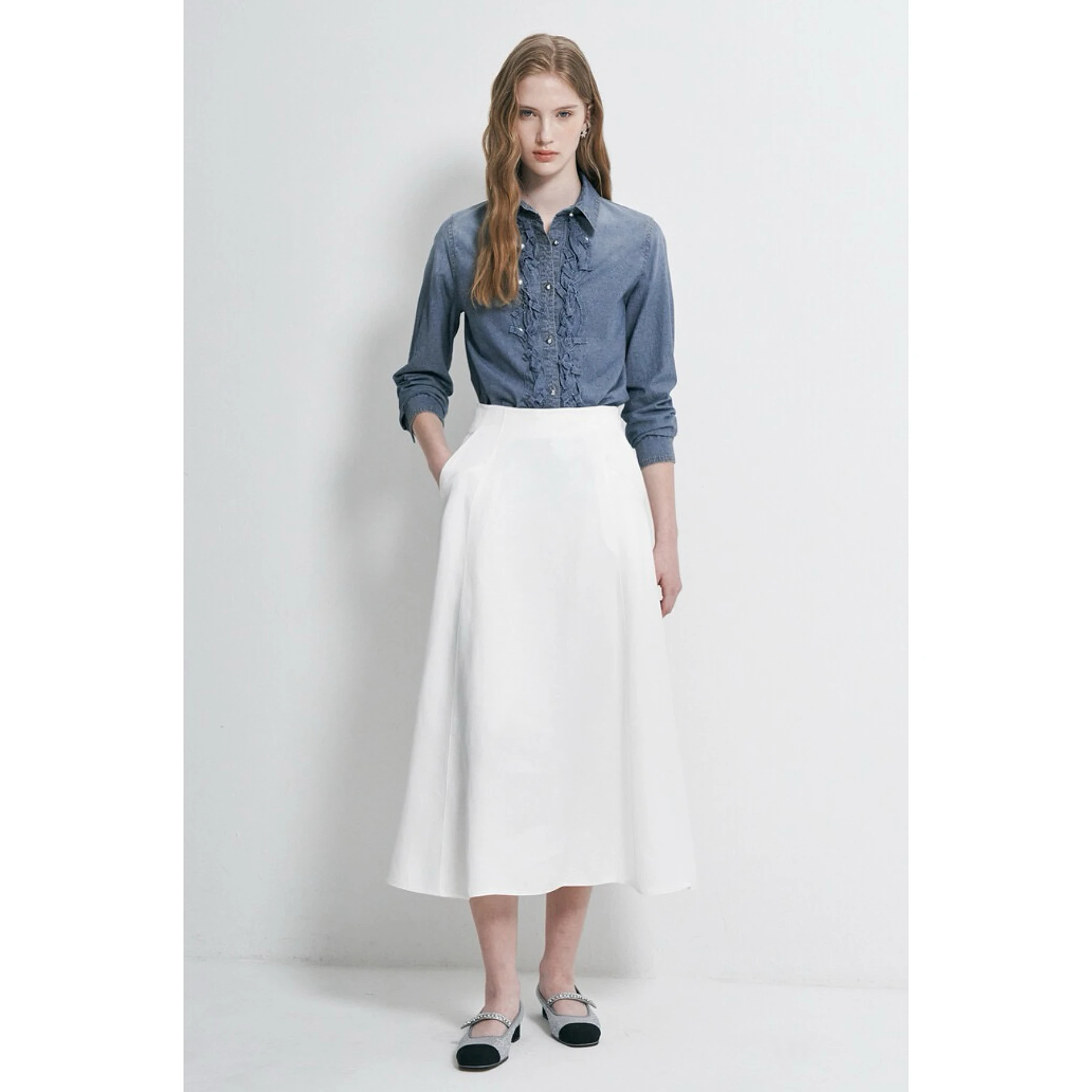 Fashionable Commute Style Lemon Cheese OBZ26 Autumn Denim Shirt Jacket Turn-down Collar Wooden Bells All-match Slimming