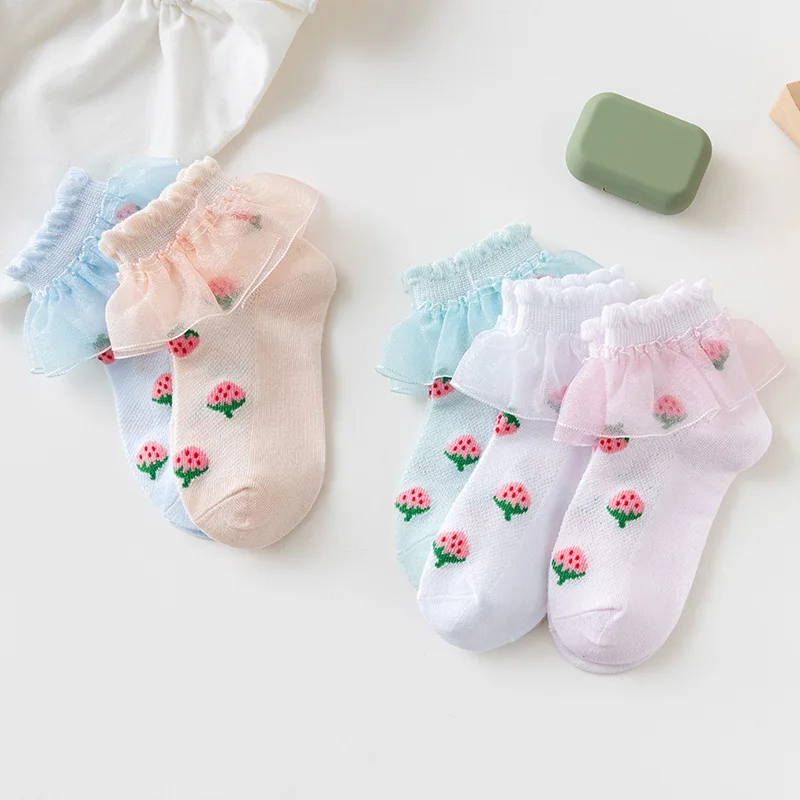 5Pairs/set Children's Socks For Girls Summer Thin Print Strawberries Lace Child Princess Kids Girl Teenager Socks For Baby 1-15Y