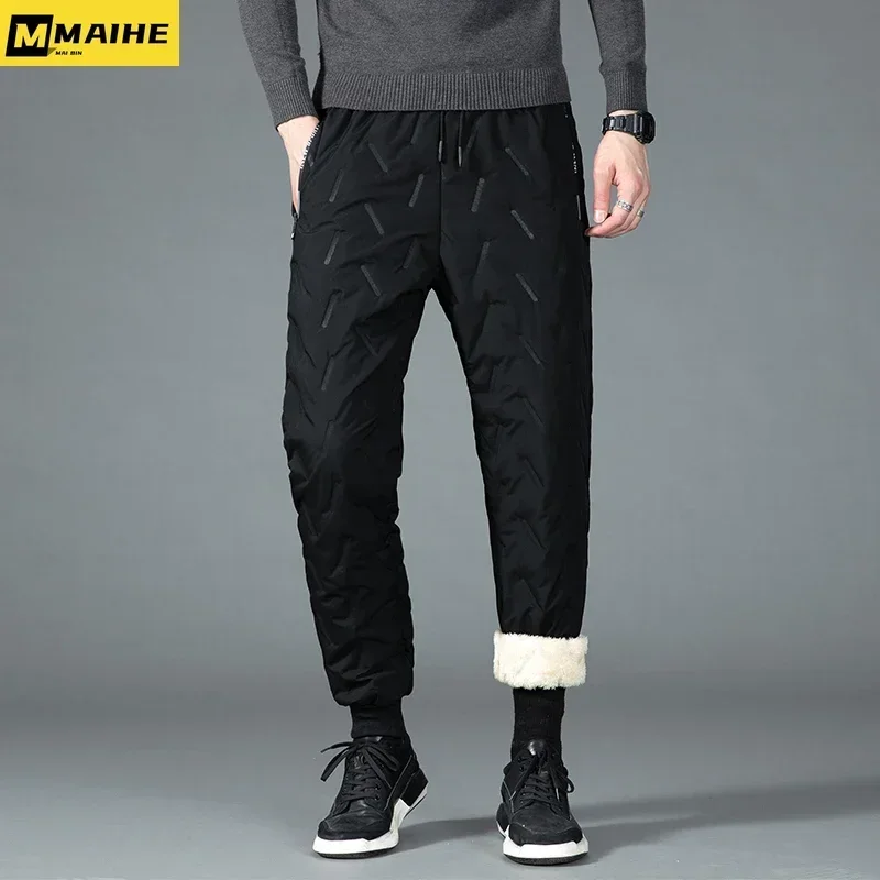 Winter Lamb Fleece Cotton Pants Men\'s Thickened Warm Elastic Waist Padded Pants Casual Sportswear Jogging Pants Men\'s plus size