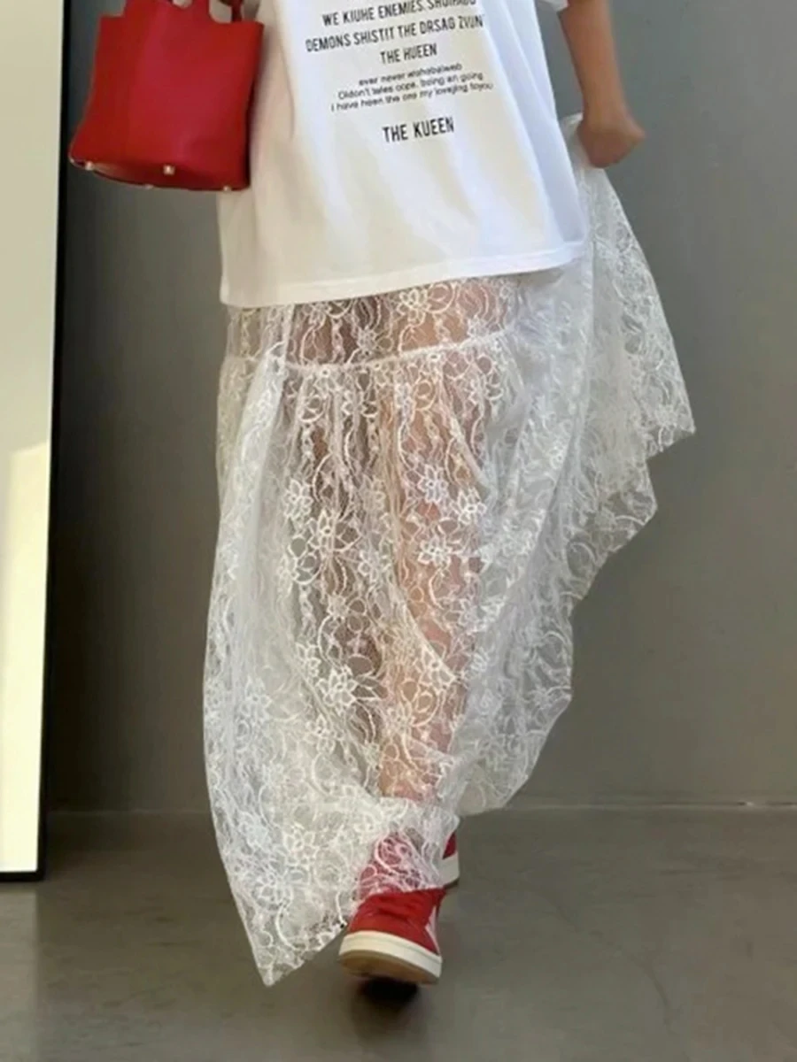 Transparent Lace Jacquard Skirts For Women Summer High Waist Sexy Chic White A-line Skirt 2024 Streetwear Fashion Long Faldas