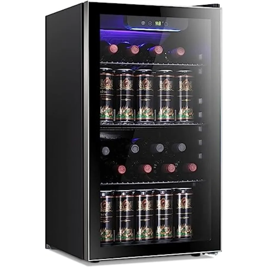 

26 Bottle 130 Can Wine Cooler Cabinet Beverage Refrigerator Mini Wine Cellar Beer Soda Clear Glass Door Bar Fridge Quiet Compre