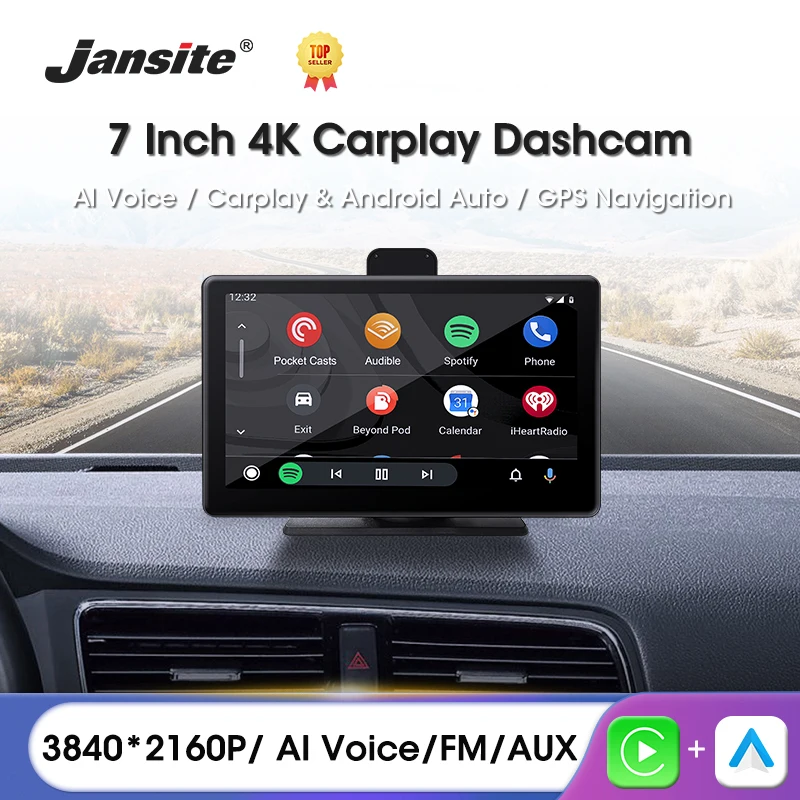 

Jansite 7 Inch Dash Cam Wireless Carplay&Android Auto Car DVR 4K Front 1080P Rear Camera Dual Lens Dashboard Driving Recorder