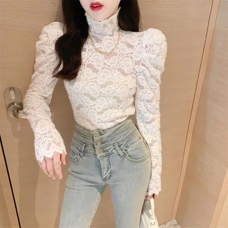 2023 Autumn Winter New Solid Color Fashion Blouse Women Turtleneck Elegant Long Sleeve Pullovers High Street Lace All-match Tops