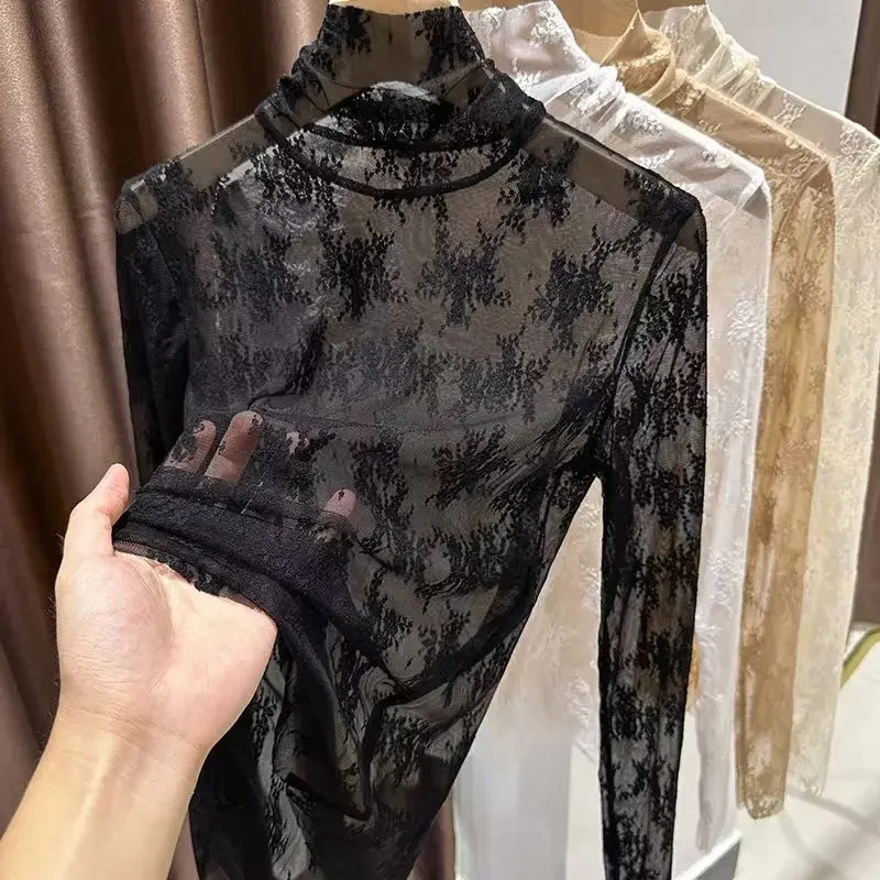 Sexy Women Long Sleeve Lace Blouses High Collar Inner Wear Lace Crochet T Shirt Base Tunic Top Perspective Vintage Bottom Blouse