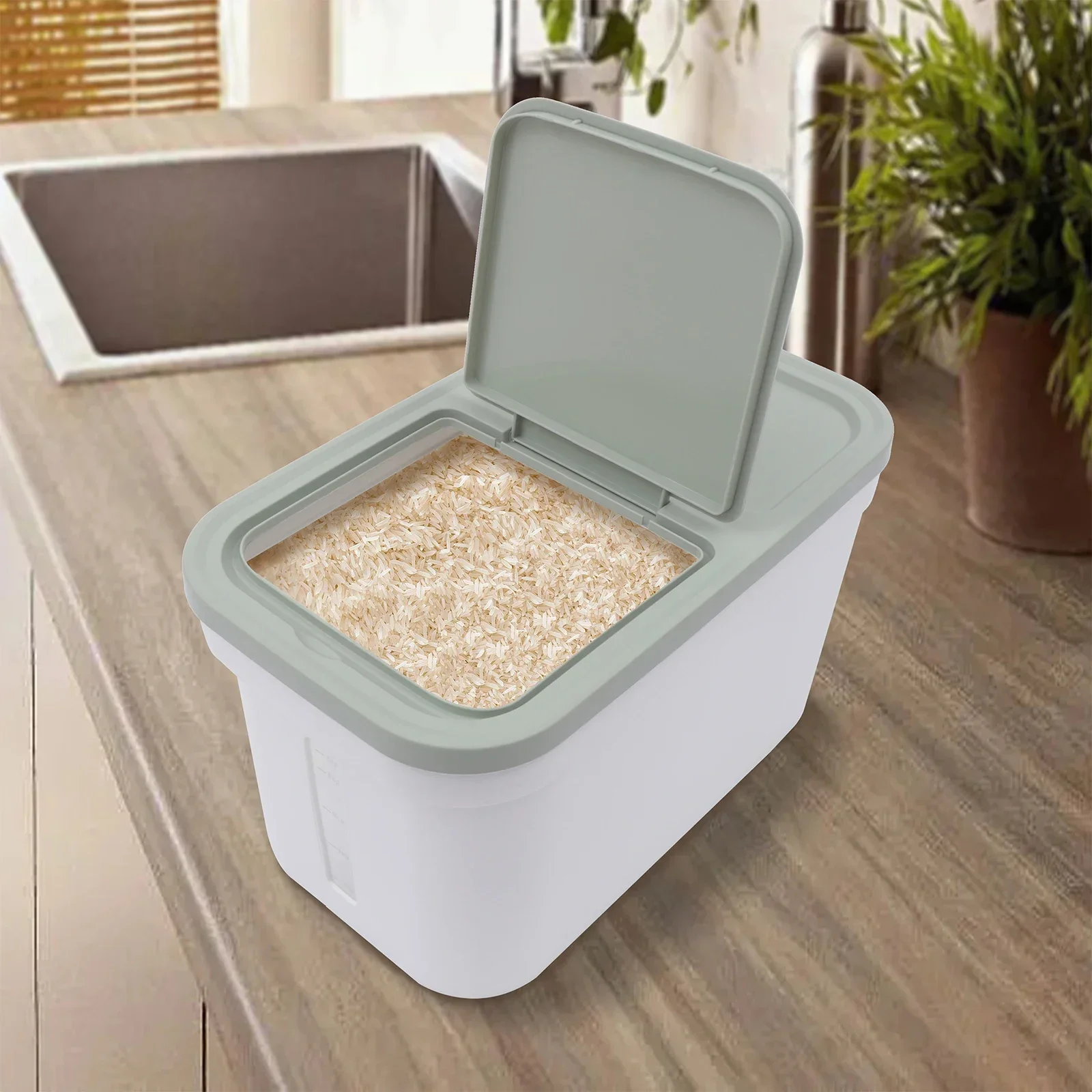 Caja de almacenamiento con tapa, recipiente para arroz, recipientes para almacenamiento de alimentos de 10 kg con ventana, hermético para cereales, línea de báscula, legumbres