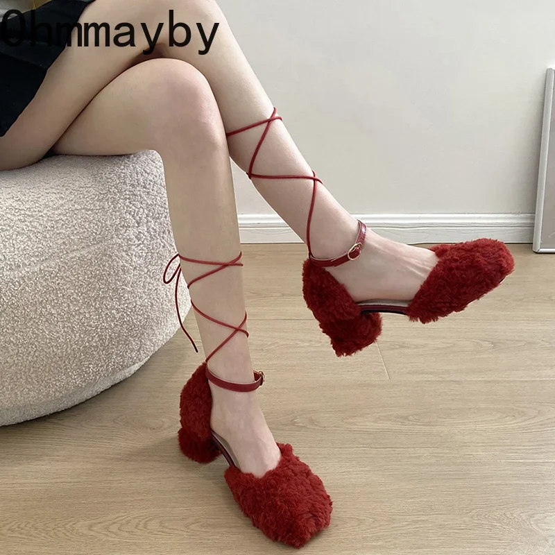 2024 Summer Fur Women Sandals Fashion Shallow Ankle Cross Strap Pumps Ladies Elegant Party Dress Thick Heel Sandalias