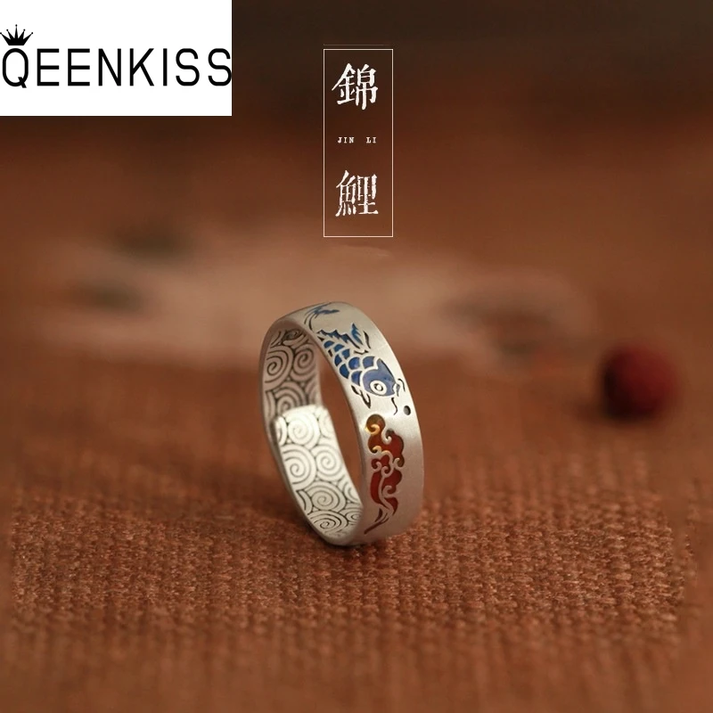 

QEENKISS 925 Sterling Silver Vintage Carp Cloud Ring for Women Fine Jewelry Birthday Wedding Party Bride Girlfriend Gifts RG6985