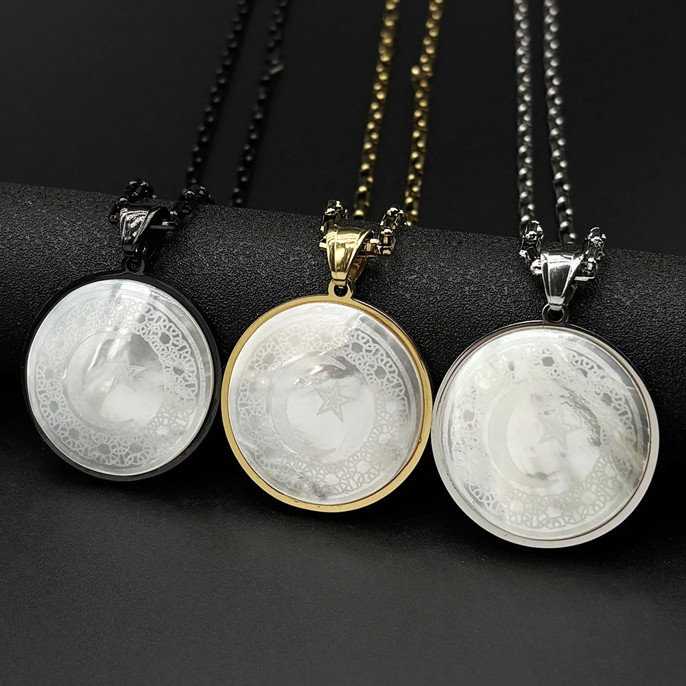 Muslim Star Crescent Moon Stainless Steel Necklaces Men Spiritual Islamic Talisman Natural Shell Necklaces Pendants Jewelry