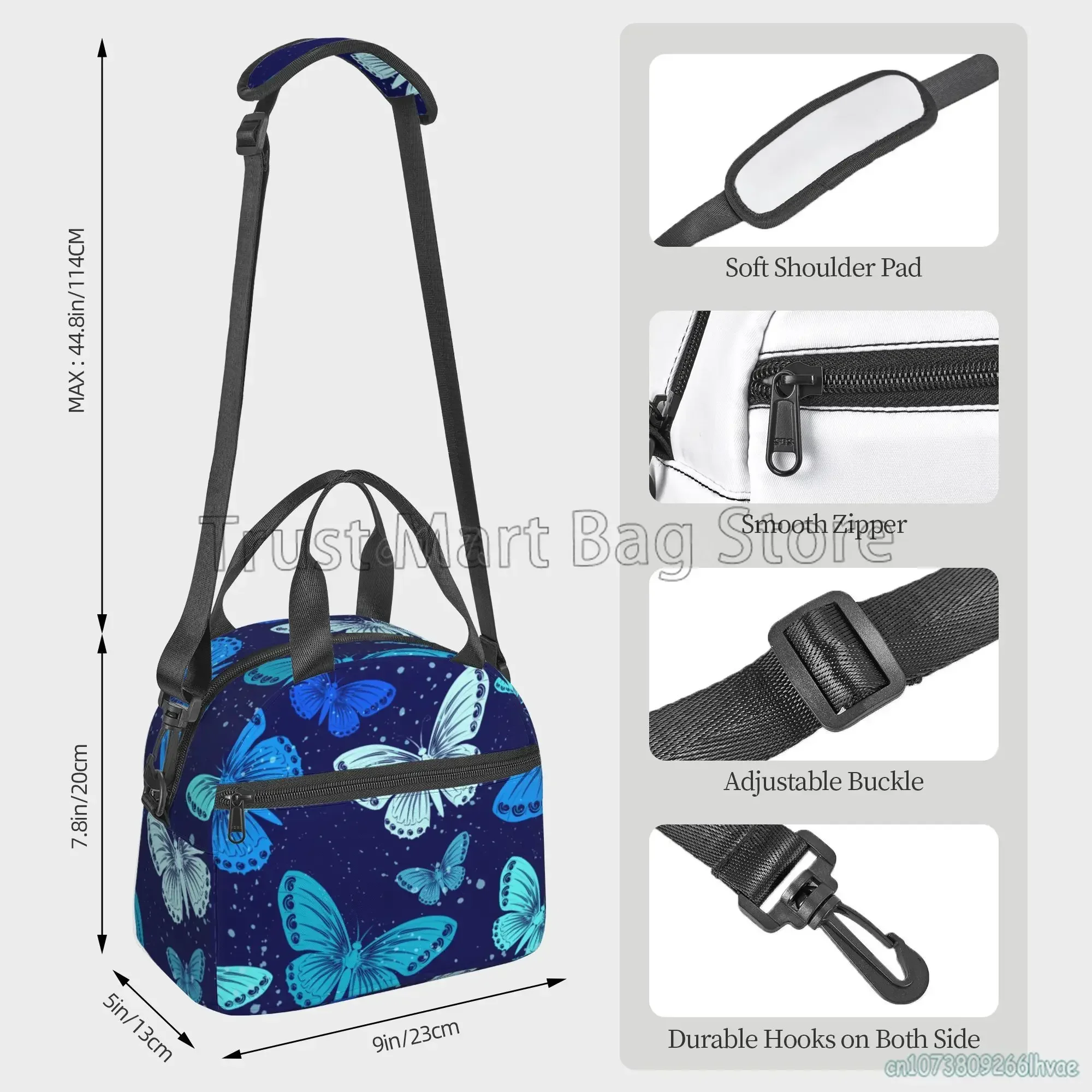 Borsa per il pranzo isolata con farfalle colorate borsa termica riutilizzabile Bento Bag con tracolla per Picnic sul lavoro scolastico delle donne