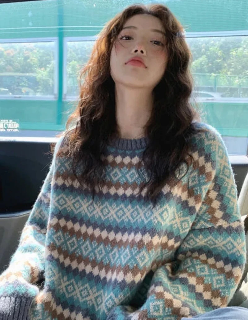 

Зимний трикотаж, пуловеры для женщин, топ, синий винтажный длинный свободный осенний свитшот