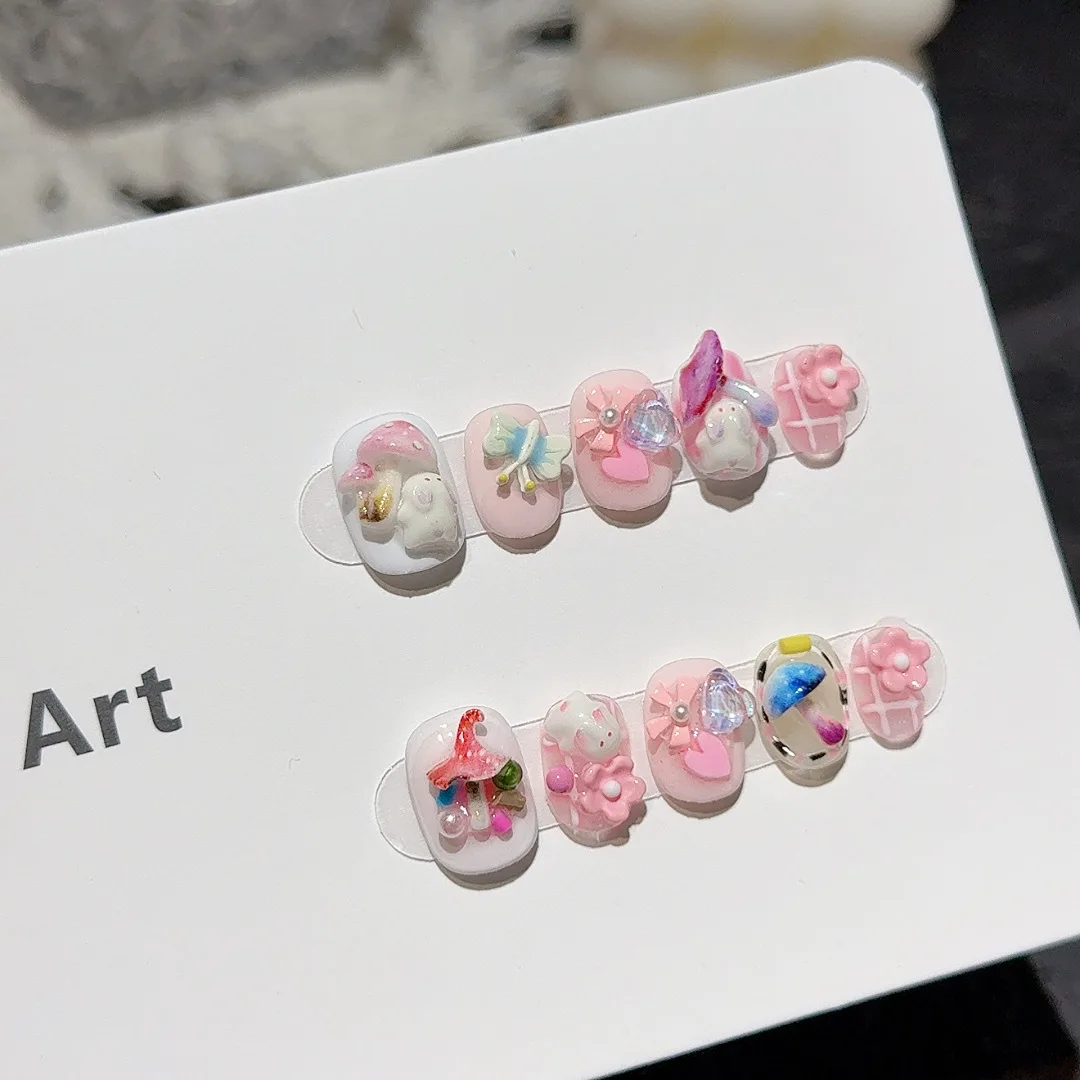 10 قطعة الصحافة اليدوية على الأظافر Ins الحلو الفطر أرنب ديكور الأظافر وهمية يمكن ارتداؤها انفصال الحلو لطيف قصيرة الوردي الأظافر كاذبة #2