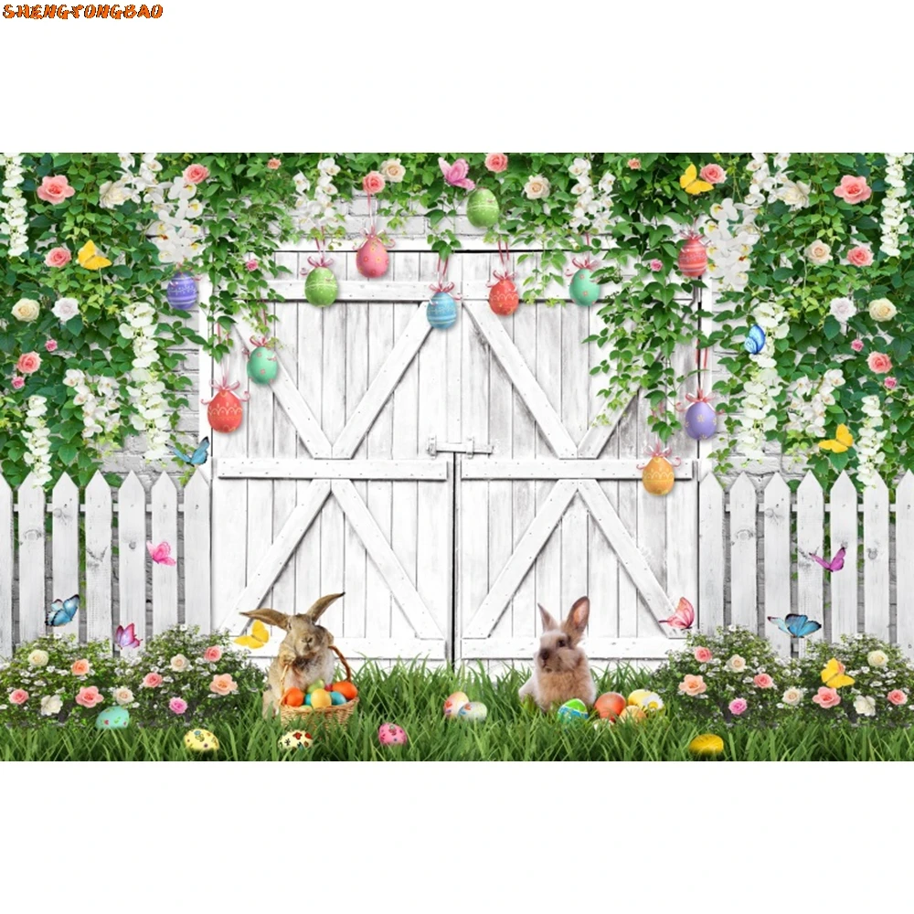 Spring Easter Backdrop Colorful Wood Board Bunny Egg Rabbit Green Grass Flower Easter Baby Portrait Photography Background Decor