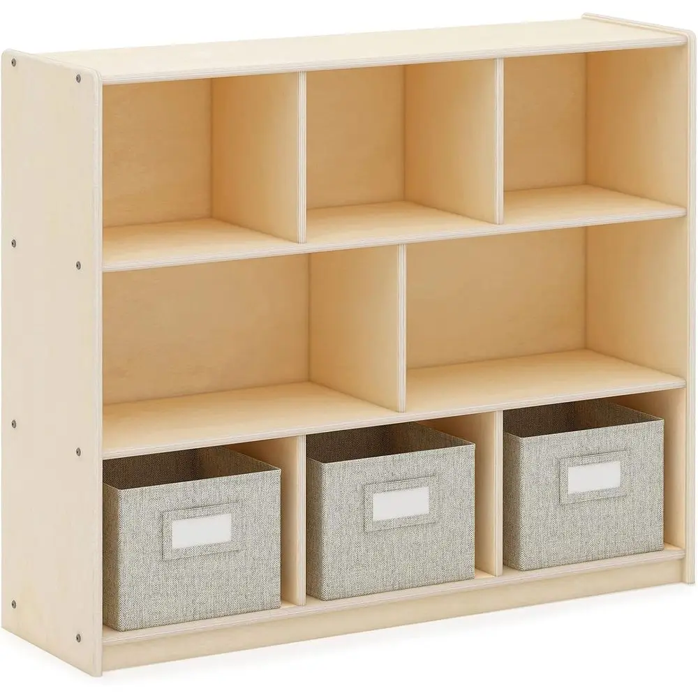 

EdQ Three Shel Comparent Storage Natural with 3 abric Bins: Wood Bookshel and Toy Organizer or Kids, Storage Unit or Homeschool