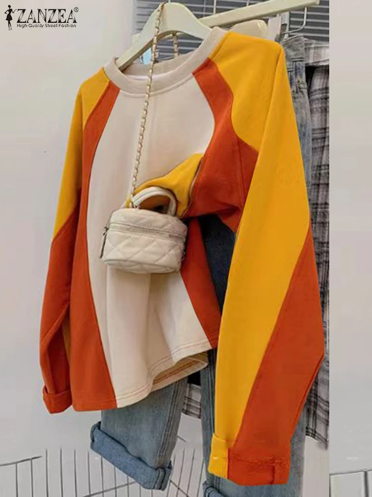 

ZANZEA Women Color Patchwork Sweatshirts 2024 Casual Long Sleeve Pullover Holiday Autumn Round Neck Hoodies Korean Fashion Tops
