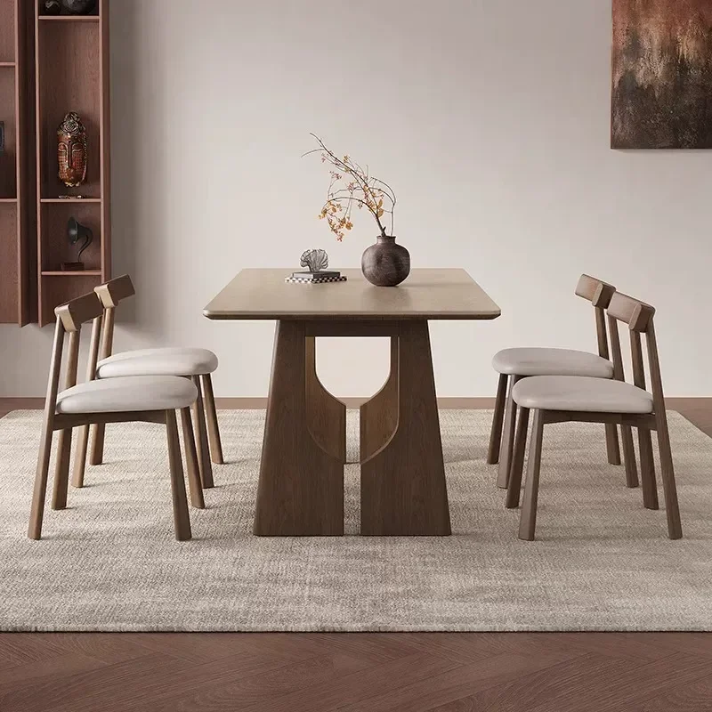 Medieval Travertine Rock Slab Dining Table Small Rectangular Solid Wood Walnut Kitchen Furniture 2025 New Home Decor