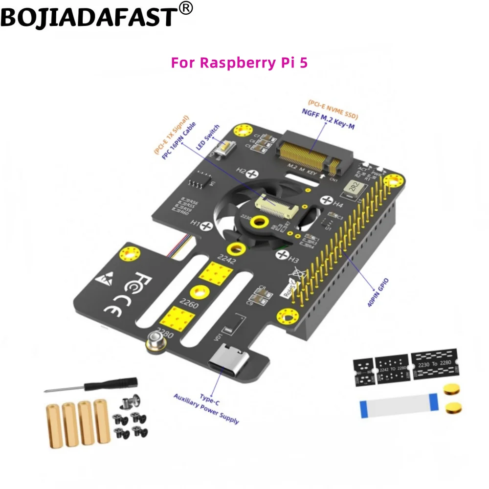 

NGFF M.2 Key-M 2242 2260 2280 M2 NVMe SSD-адаптер PCI-E 1x сигнальный кабель с вентилятором и гибким кабелем FPC для Raspberry Pi 5