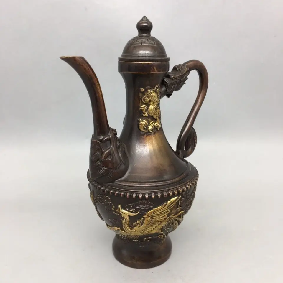 Retro Gooseneck Kettle Bronze Teapot Royal Wine Pot Dragon and Phoenix Sculpture Kettle Coffee Pot Tea Set Gift Desktop Decorati