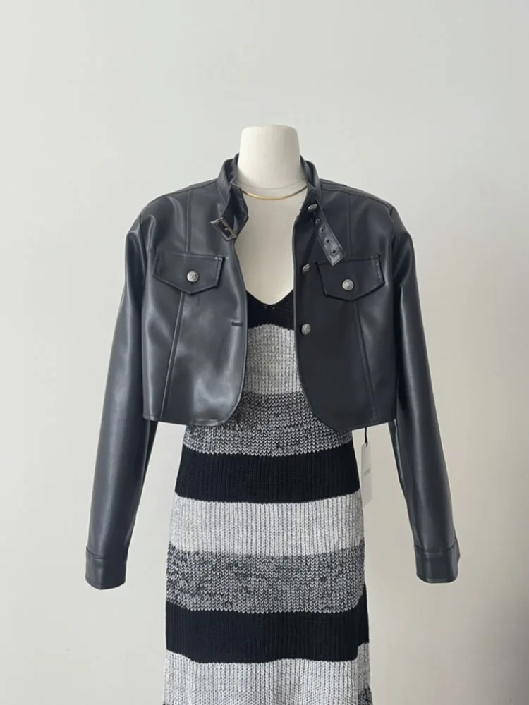 

Sexy Street Fashion Short Leather Coat Ladies Y2K Style Vintage Simple Casual Chic Design Leather Coats