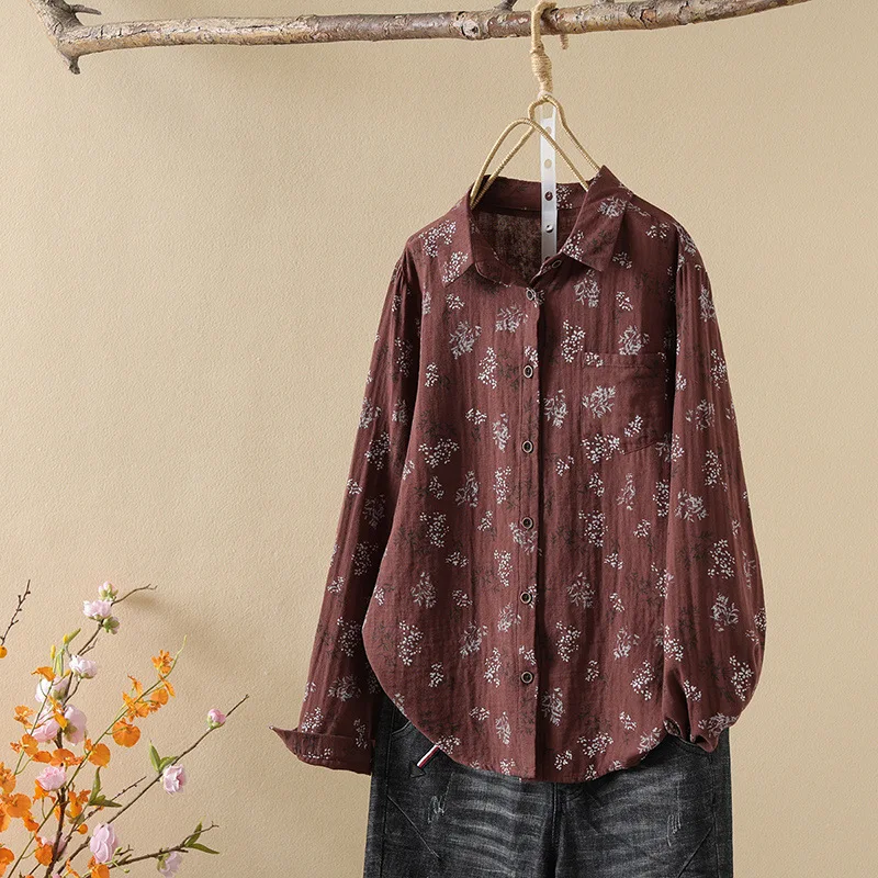 Cotton yarn floral printed shirts and blouses for women autumn shirt long sleeve tops farm middle aged women clothing