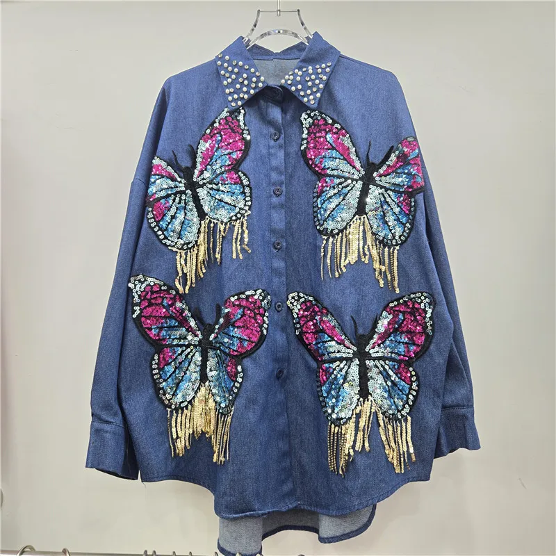 

SuperAen Loose Women Denim Shirt Embroidered Flares Tassels Colorful Sequins Three-dimensional Bows Autumn and Winter New Coats