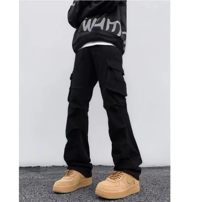 Spring Autumn Multiple Pockets Men Cargo Pants Trend American Style Vintage Loose Straight Denim Pants Male Wide Leg Trousers
