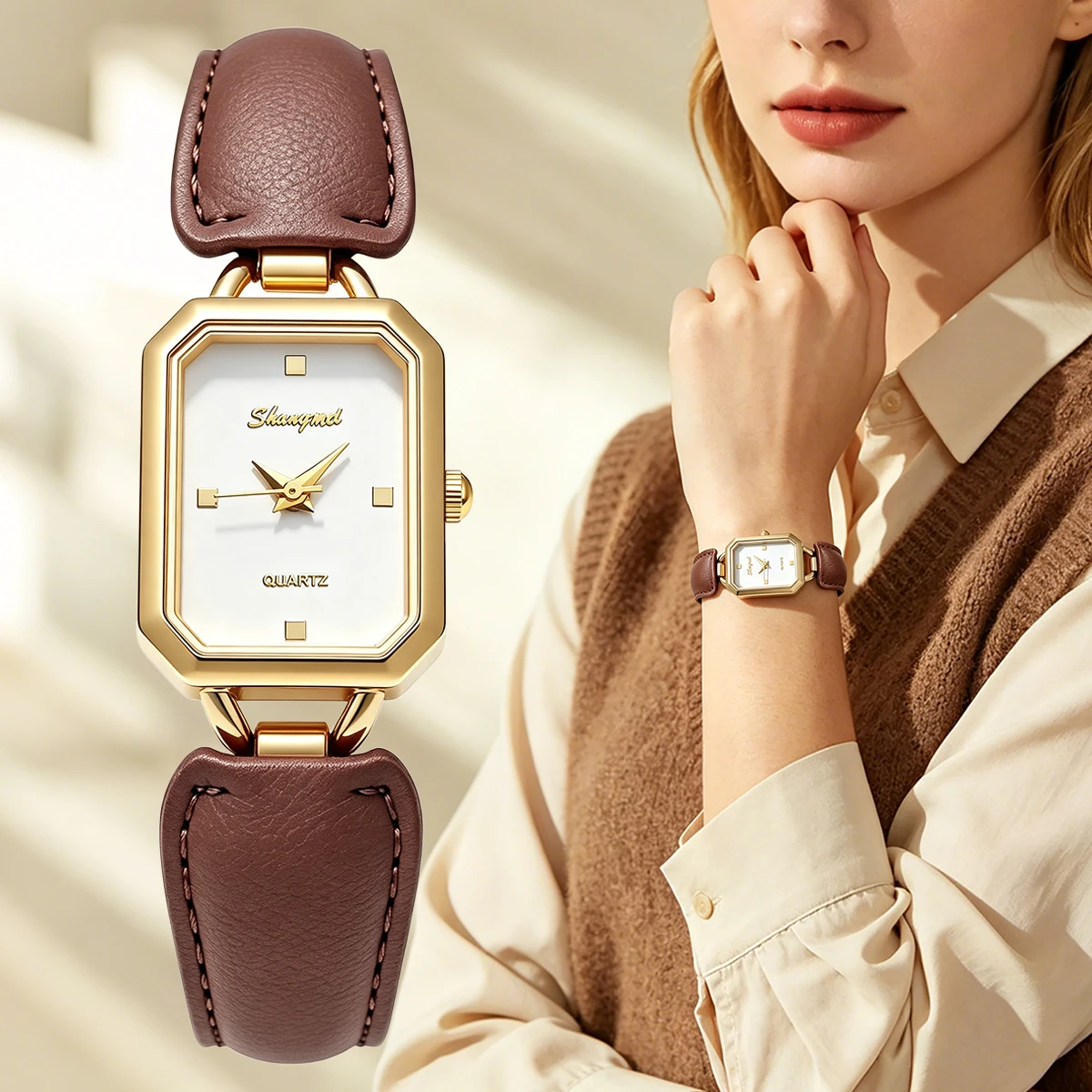 Women Octagonal Square Quartz Watches Leather Strap Minimalist Analog Wristwatch Elegant Ladies Daily Dress Watches