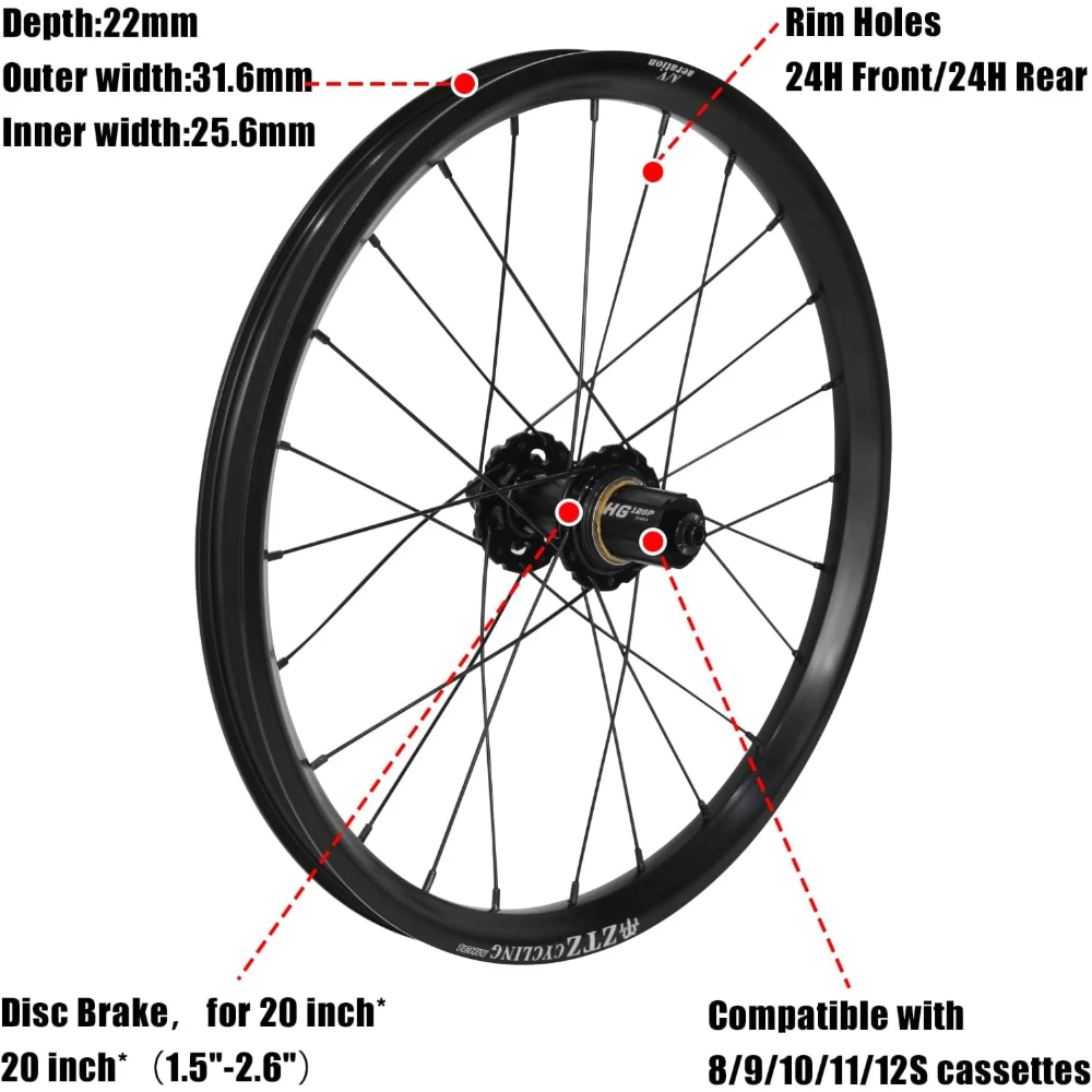 20 Inch Bike Wheelset 24H Aluminum Alloy Quick Release Disc Brake Wheels HG 8-12 Speed for Folding Bike BMX Kids Bike