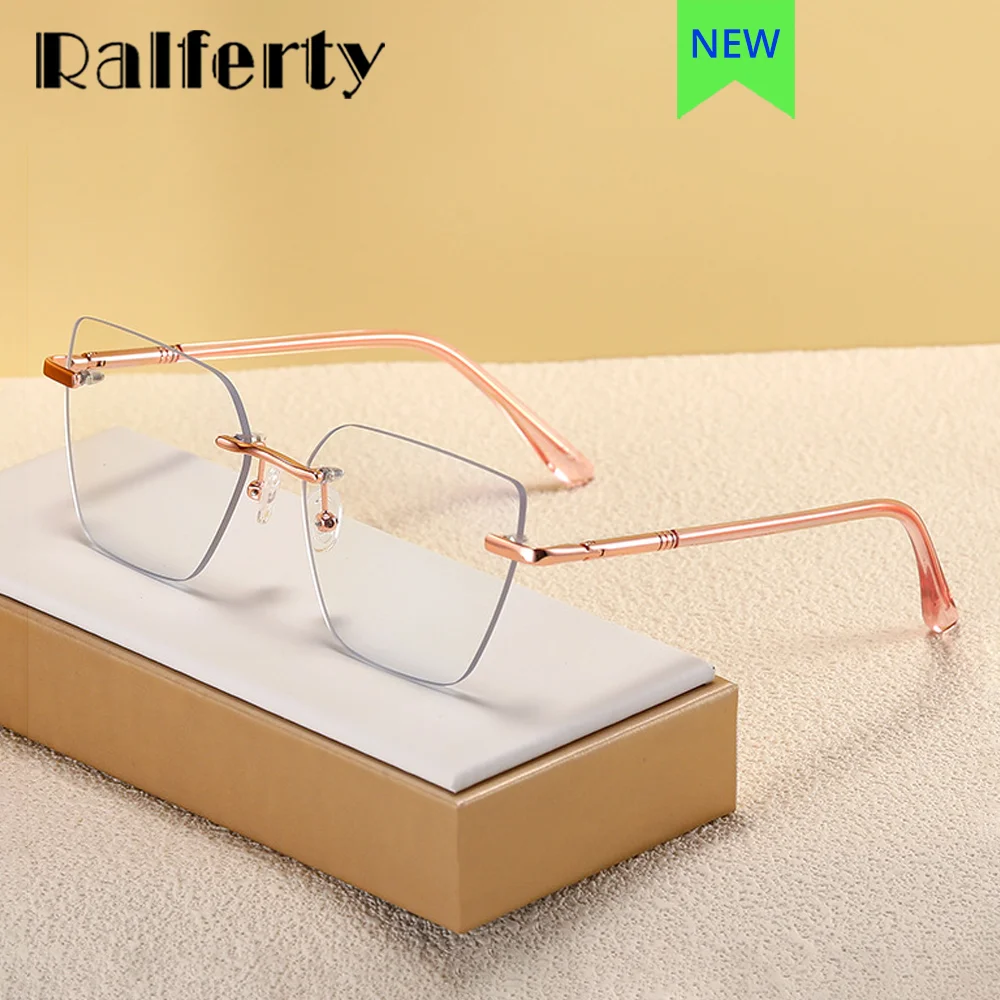 Ralferty 2024 Luxury Ladies Rimless Eyeglasses Women Anti Blue Light Glasses No Prescription Optic Frame Women's Glasses Frames