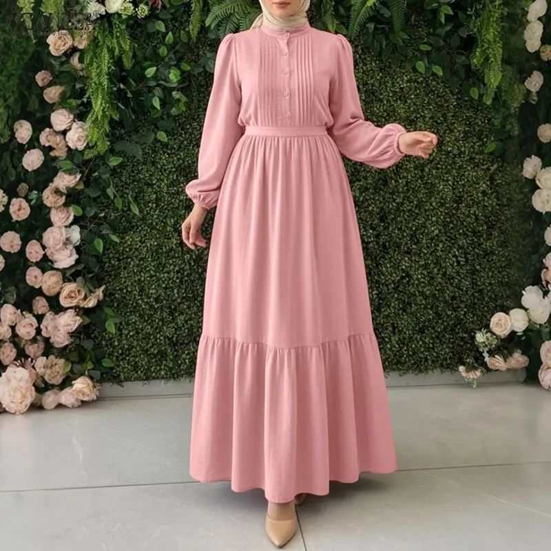 

2026 ZANZEA Spring Maxi Long Dress Elegant Muslim Abaya Dress Women Long Sleeve Solid Pleated Dresses Ramadan Dubai Robe Kaftan