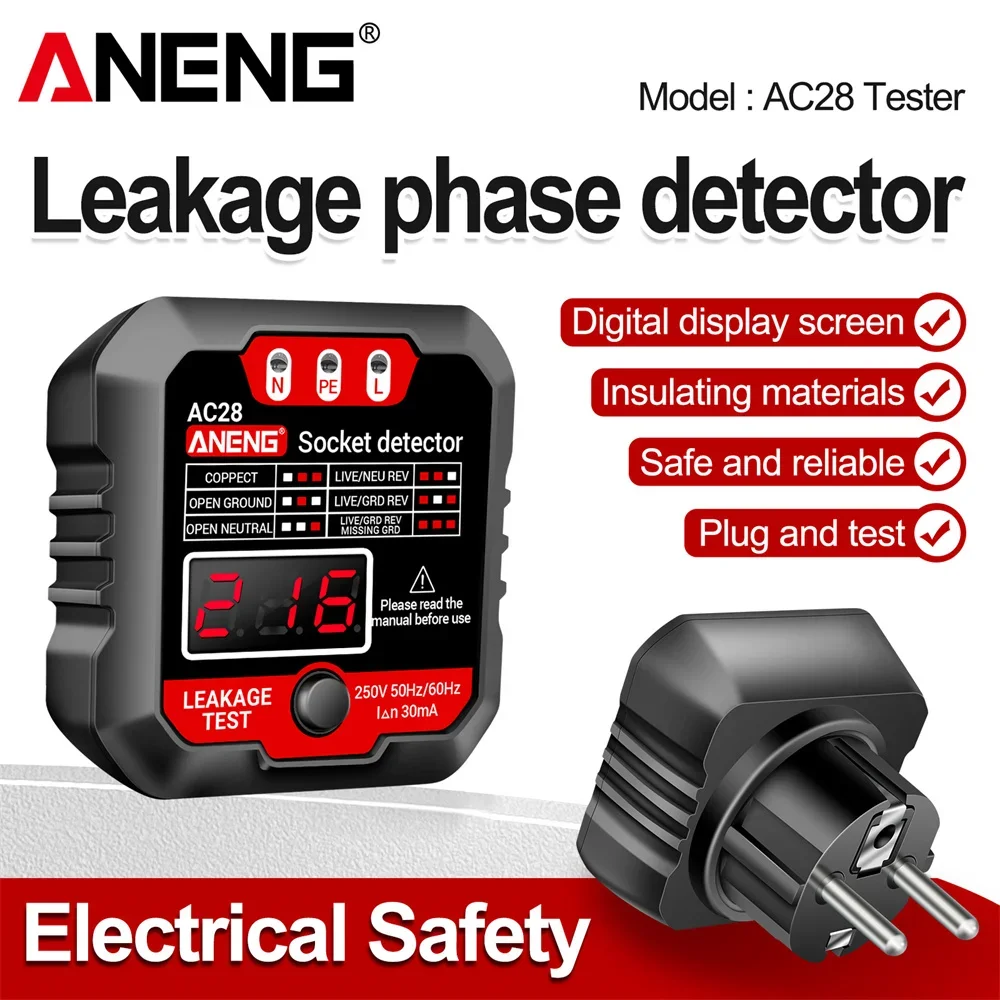 

ANENG AC28 Socket Tester Universal Battery Tester Detector Checker Power Socker LCD Voltage Tester Phase Meter Detector tools