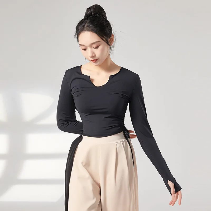Adult Slim Fit U Neck Side Tie Long Sleeve Belly Dance T Shirt Crop Top Costume for Women Dancing Clothes Dancer Clothing Wear