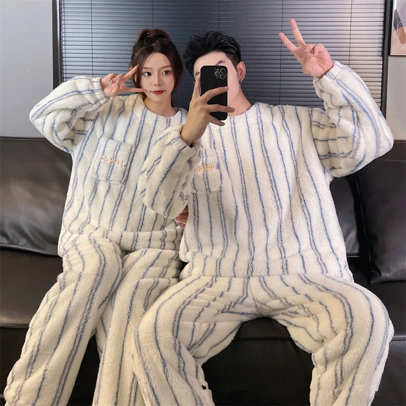 2024 Warm Thicken Coral Fleece Couple Sleepwear for Sleeping Men\'s Winter Pajamas Korean Pijamas Para Parejas Women Pajama Sets